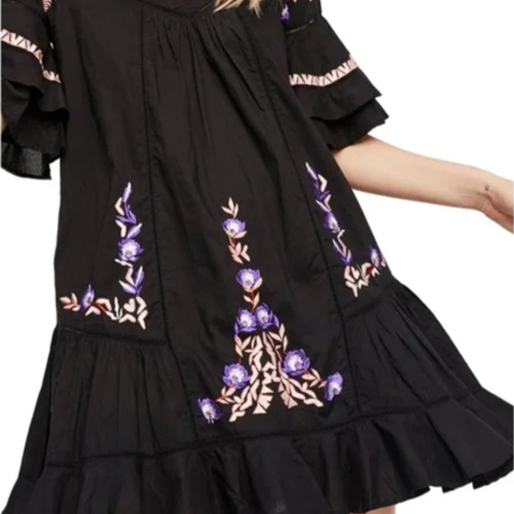Free People Pavlo Ruffle Mini Dress Black Embroidered - Picture 3 of 4